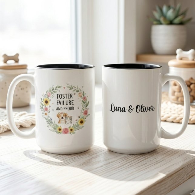 Misslyckad Foster och Stolt Blommig Valp Kittelkra Två-Tonad Mugg (Foster failure and proud two-tone mug for the pet parent — a sweet adoption day gift idea.)