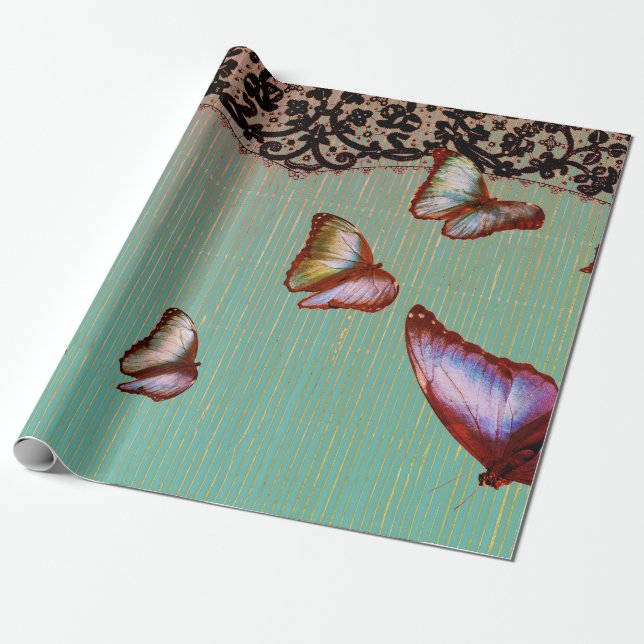 MISSLYCKAD RAND I GRÖNT SNÖRE OCH BUTTERFLIK PRESENTPAPPER (Utrullad)