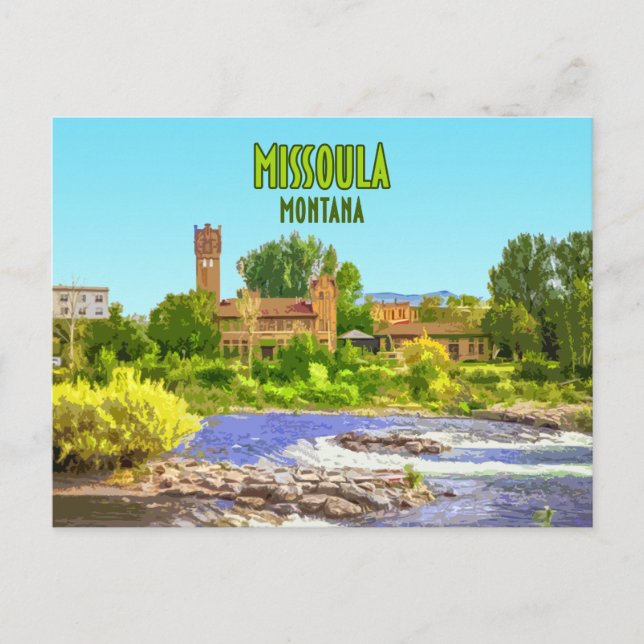 Missoula Montana Downtown River Vintage Vykort (Framsida)