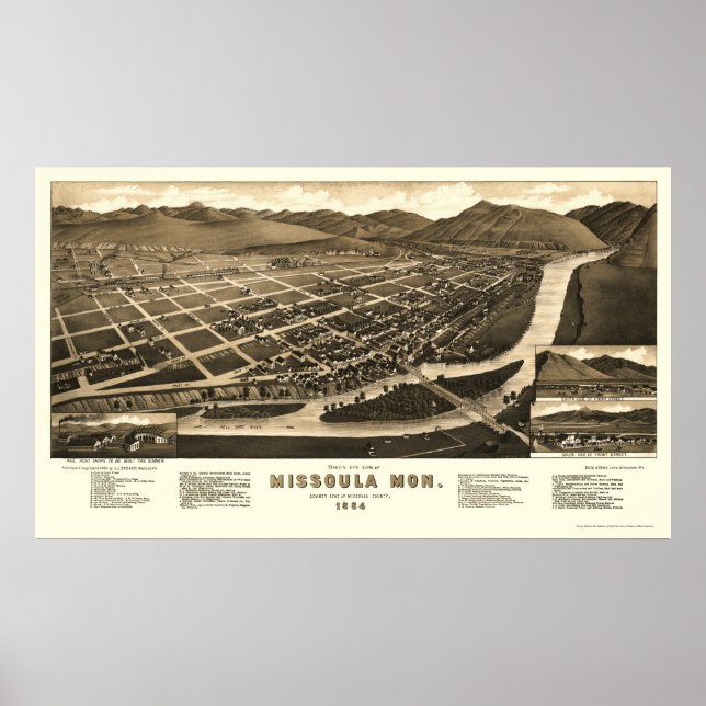 Missoula, MT Panoramic Karta - 1884 Poster (Framsidan)