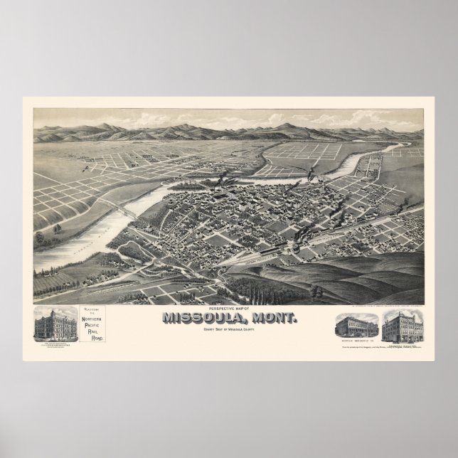 Missoula, MT Panoramic Karta - 1891 Poster (Framsidan)