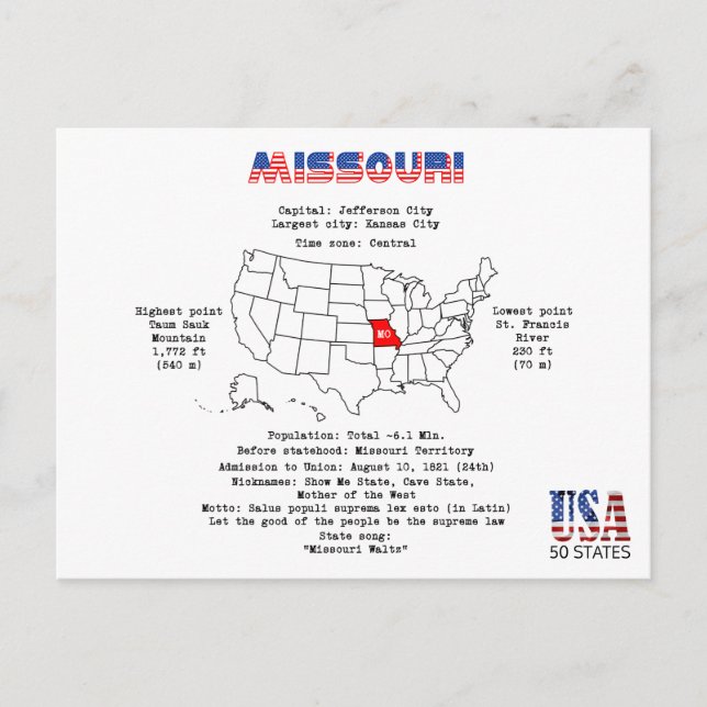 Missouri American State på karta och användbar inf Helg Vykort (Framsida)