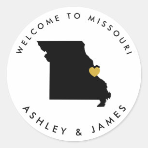 Missouri Bröllop Welcome Sticker Märkre, Black & G Runt Klistermärke