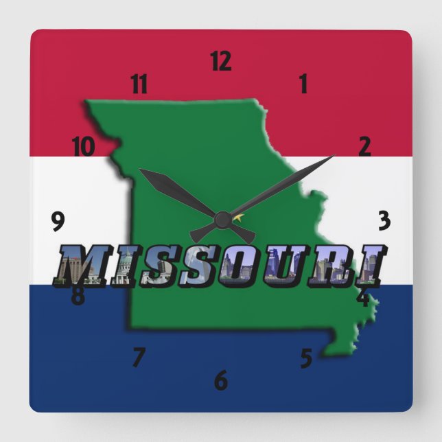 Missouri Karta, Text och Statlig flagga Clock Fyrkantig Klocka (Framsida)