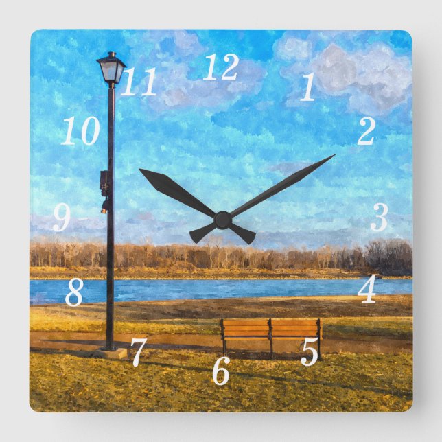 Missouri River Bench Painterly Wall Clock Fyrkantig Klocka (Framsida)