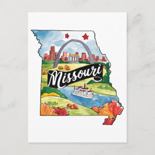 Missouri USA Delstat Formgiven Vintage Vattenfärg Vykort