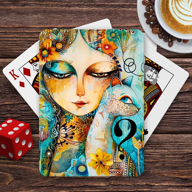 Misstänkt Kat Fine Art Casinokort (Cat mom playing cards featuring a fine art illustration of a lady and mysterious kitty.)