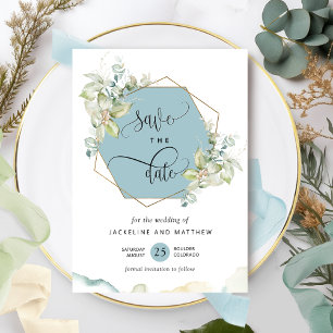 Mist Blue, Elegant Greenery och Watercolor Bröllop Spara Datumet