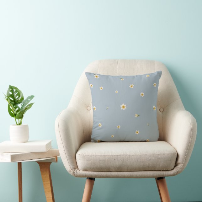 Mist Blue Japanese Narcissus Floral Pattern Kudde (Stol)