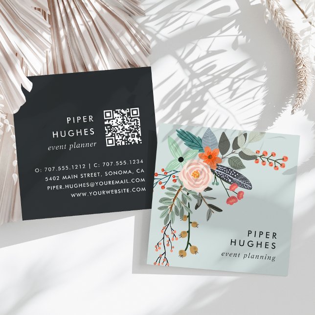 Mist | Boho Blommigt QR-kod Fyrkantigt Visitkort (Skapare uppladdad)