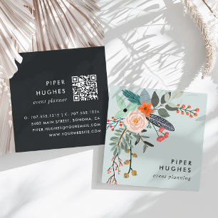 Mist Boho Blommigt QR-kod Fyrkantigt Visitkort