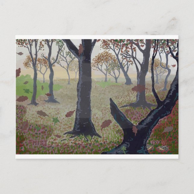 Mist i en skog på hösten vykort (Framsida)