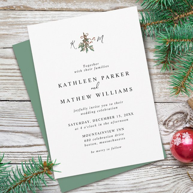 Misteltoe Första Bokstäver Högtidlig Bröllop Inbjudningar (Mistletoe Initials Holiday Wedding Invitation)