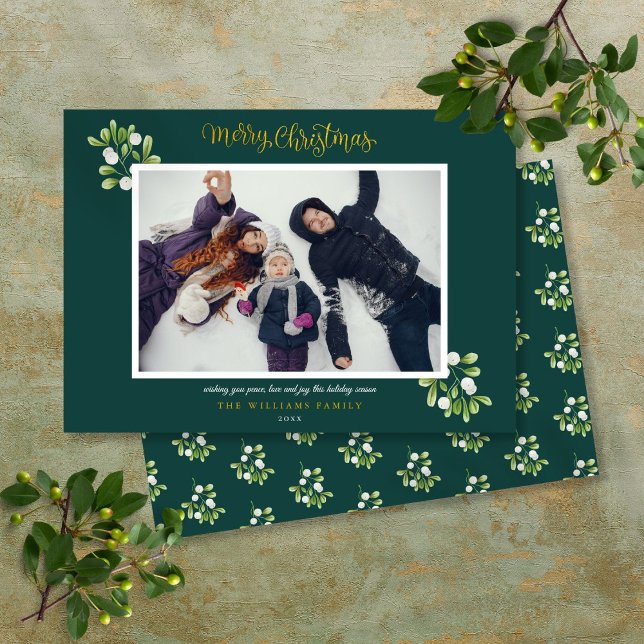 Misteltoe Foto Guld Skrift God Jul Julkort (Mistletoe Photo Gold Script Merry Christmas Holiday Card)