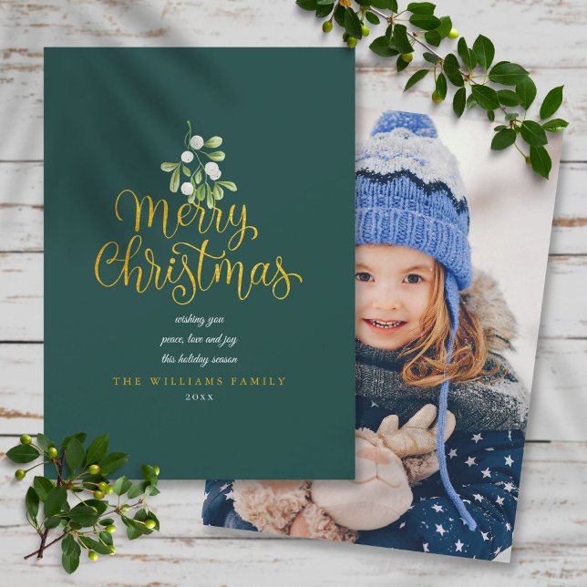 Misteltoe Guld Script Merry Christmas Foto Julkort (Mistletoe Gold Script Merry Christmas Photo Holiday Card)