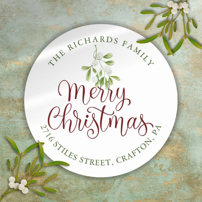 Misteltoe Merry Christmas Returadress Runt Klistermärke (Mistletoe Merry Christmas Return Address Classic Round Sticker)
