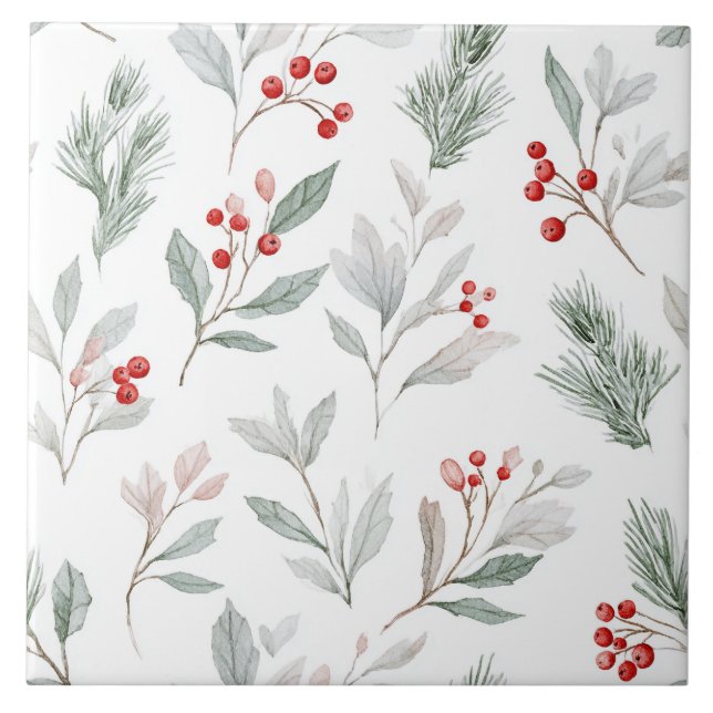 Mistletoe and Holly Berries Pattern Kakelplatta (Framsidan)