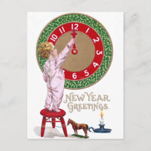 Mistletoe Clock & Småbarn nyår Hälsning Helg Vykort