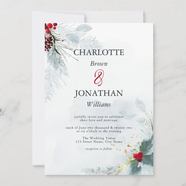 Mistletoe Elegant Watercolor Winter Wedding Invita Inbjudningar (Framsida)