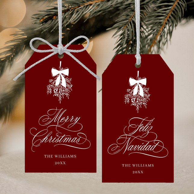 Mistletoe God jul | Feliz Navidad Red Presentetikett (Front & Back)