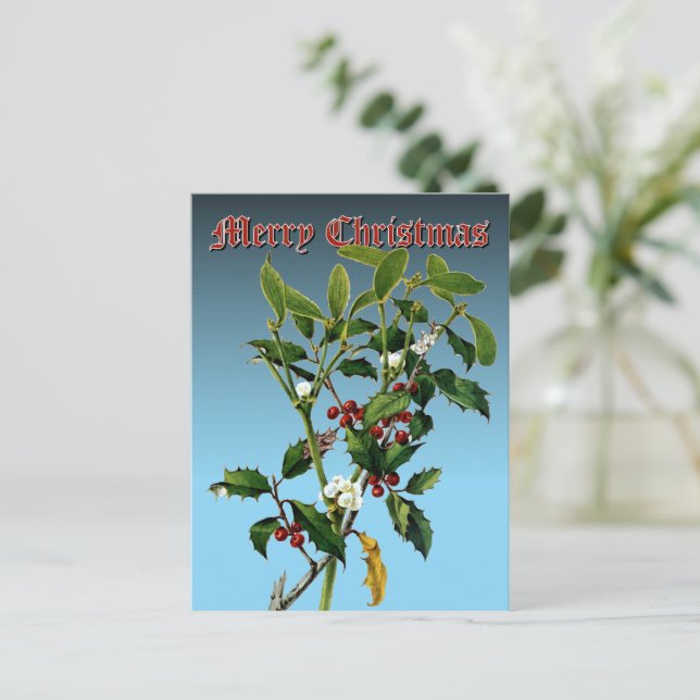 Mistletoe & Holly Greenery Botanical Art Helg Vykort (Stående Fram)