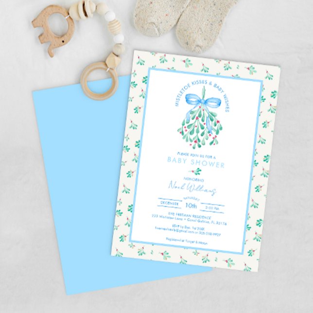 Mistletoe Kisses Blue Baby Shower for Boy Inbjudningar (Blue ribbon winter baby mistletoe kisses baby shower)