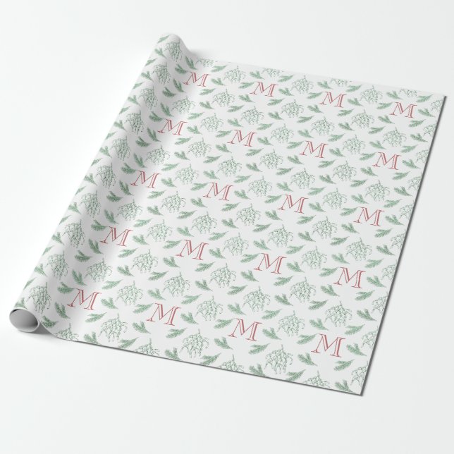 Mistletoe och Gräs med Monogram jul Red Presentpapper (Utrullad)