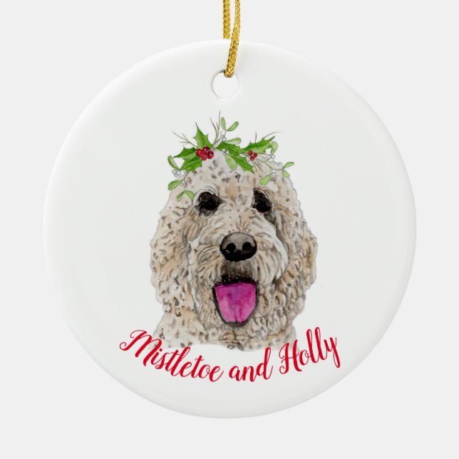 Mistletoe och Holly Golden Doodle Ornament (Framsidan)