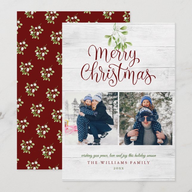 Mistletoe Rustic Wood God jul 2 Photo Julkort (Fram/baksida)