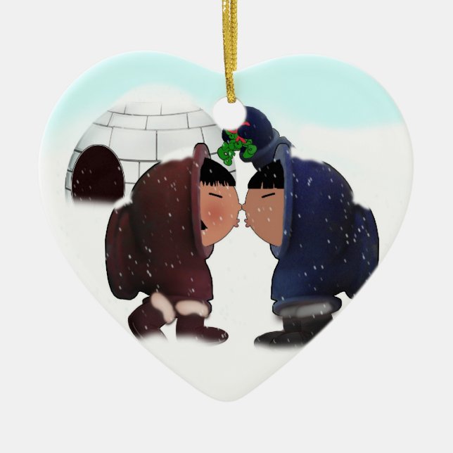 Mistletoe Time - Mistletoe Kissing Eskimos Julgransprydnad Keramik (Framsidan)