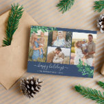 Mistletoe Twigs Photo Collage Navy Glad helg Julkort<br><div class="desc">Vattnet blått julkort med fotokollage med fyra foton och söt mistletoe twigs in grönt and blek blue. Glad helg är skrivet i ett charmerande vitt skript. Lägg till din familj namn och året i elegant,  vita typsnitt. Baksidan har en matchande mistletoe mönster.</div>