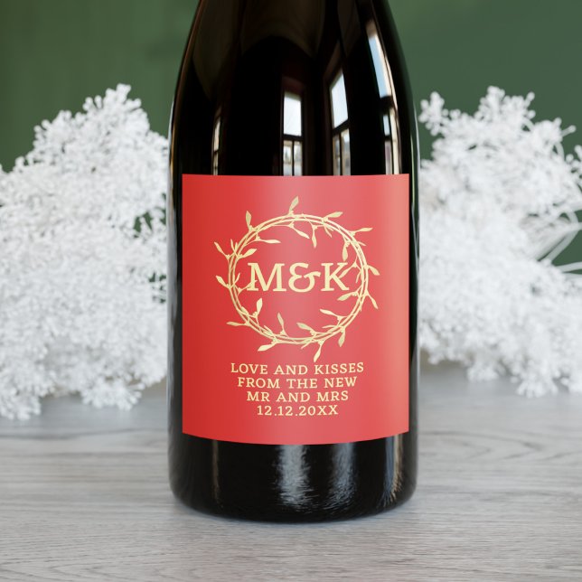 Mistletoe WAN Helgdag-etikett för rödspätta och Gu Vinflaska Etikett (Festive red and gold mistletoe wreath wine label with space for your initials and message)