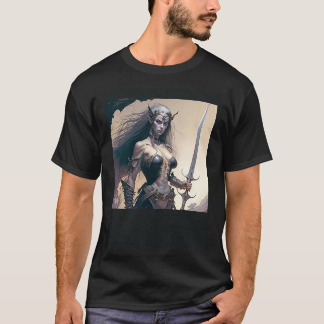 Mistress of the Shadows Female Dark Elf Warrior T Shirt (Framsida)