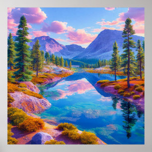 💙 Misty Blå Berg Sjön Skog Stillhet Vägg Poster