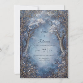 Misty Blue Enchanted Forest Gold Filigree Wedding Inbjudningar