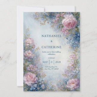 Misty Blue Ethereal Rose Border Wedding Inbjudningar