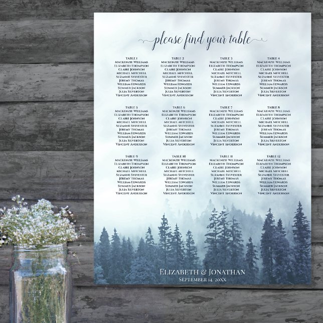 Misty Blue Forest 12 Bord Bröllop Seating Chart Poster (In Situ on Wall)