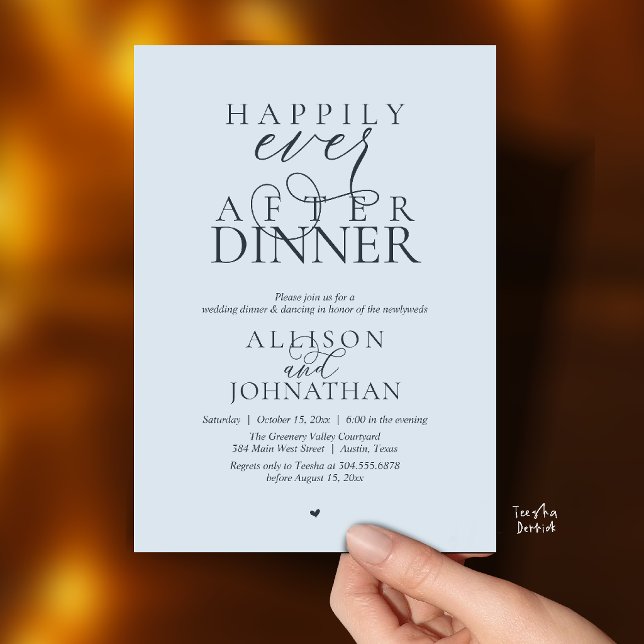 Misty Blue Happily Ever After Dinner Wedding Inbjudningar (Happily Ever After Dinner Modern Script Wedding Invitation Card in Misty Blue)
