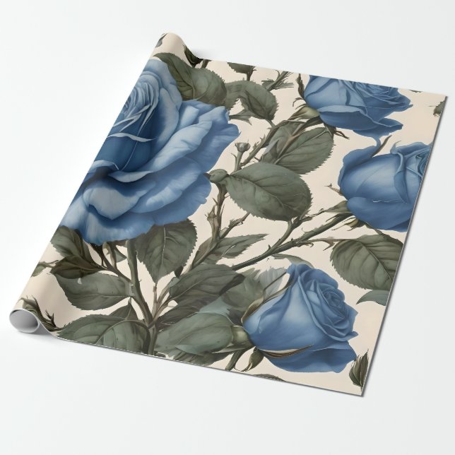 Misty Blue Ro och Grönt Löv Presentpapper (Utrullad)
