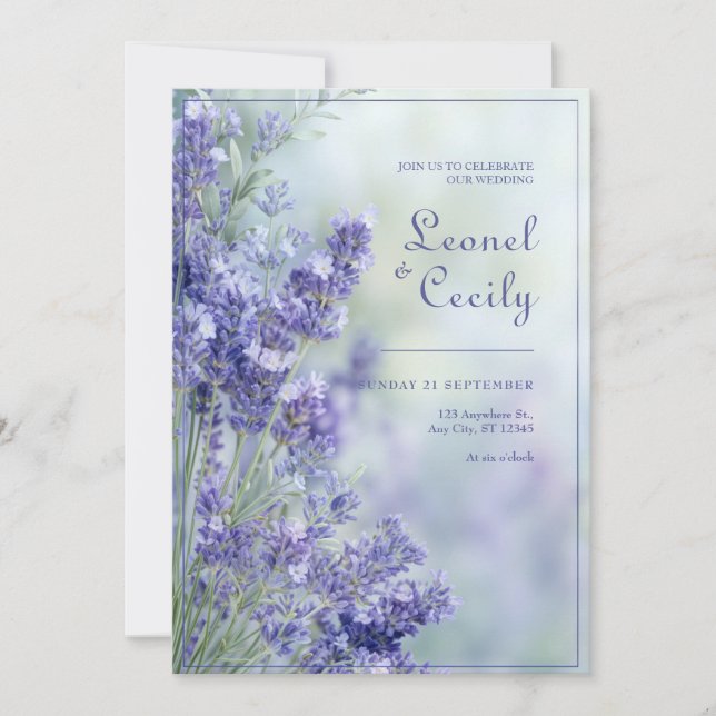 Misty Blue Romantic Lavender Frame Inbjudningar (Framsida)