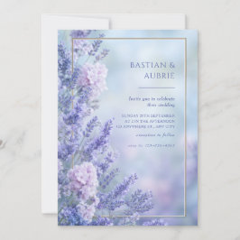 Misty Blue Romantic Lavender Gold Frame Wedding Inbjudningar
