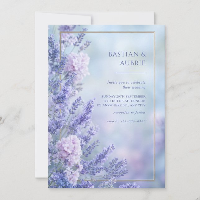 Misty Blue Romantic Lavender Gold Frame Wedding Inbjudningar (Framsida)