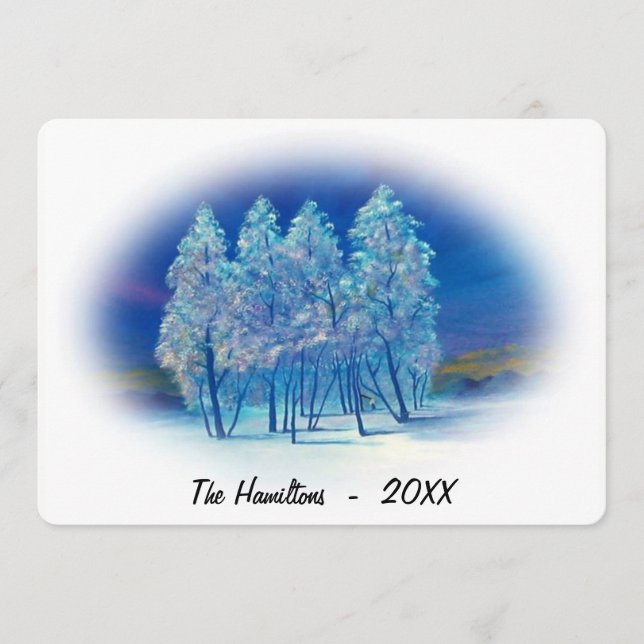 Misty Blue Spruce Träd Northern Ljus Painting (Framsida)