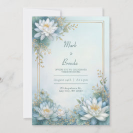 Misty Blue Water Lily Gold Frame Wedding Inbjudningar