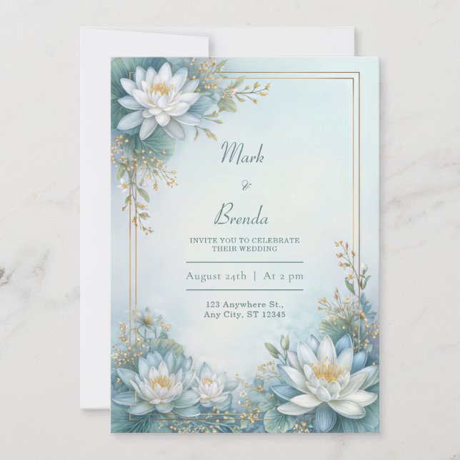 Misty Blue Water Lily Gold Frame Wedding Inbjudningar (Framsida)