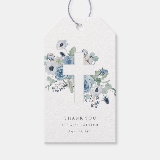 Misty Blues Baptism Christening  Gift Märkre Presentetikett (Framsidan)