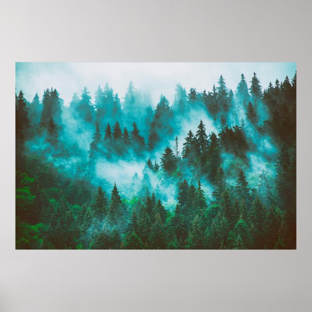 Misty foggy Bergslandskap med fir skog och Poster (Framsidan)