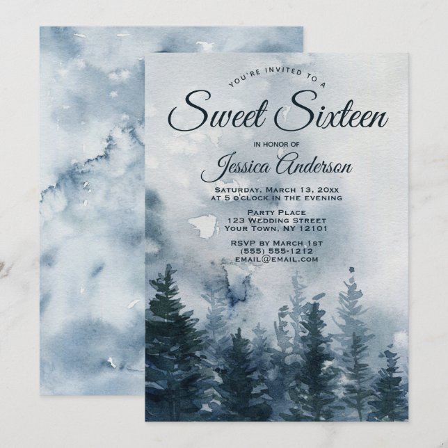 Misty Forest Sweet sixteen Inbjudningar (Fram/baksida)