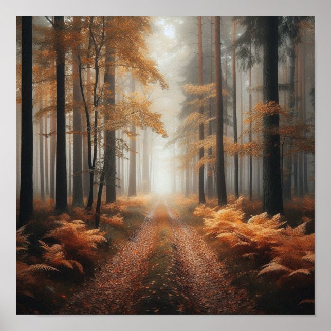 Misty Forest Trail in Autumn Glow - Poster (Framsidan)