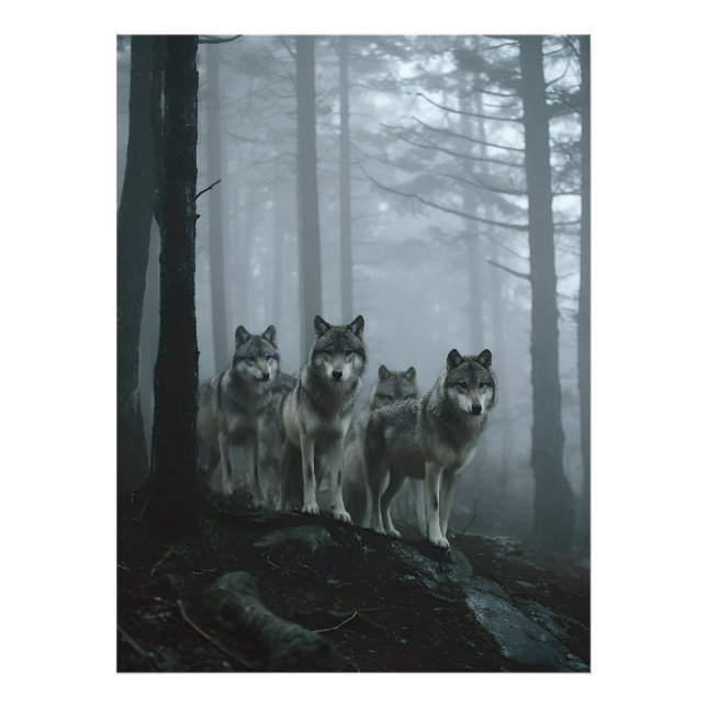 Misty Forest Wolf Pack Fototryck (Framsidan)